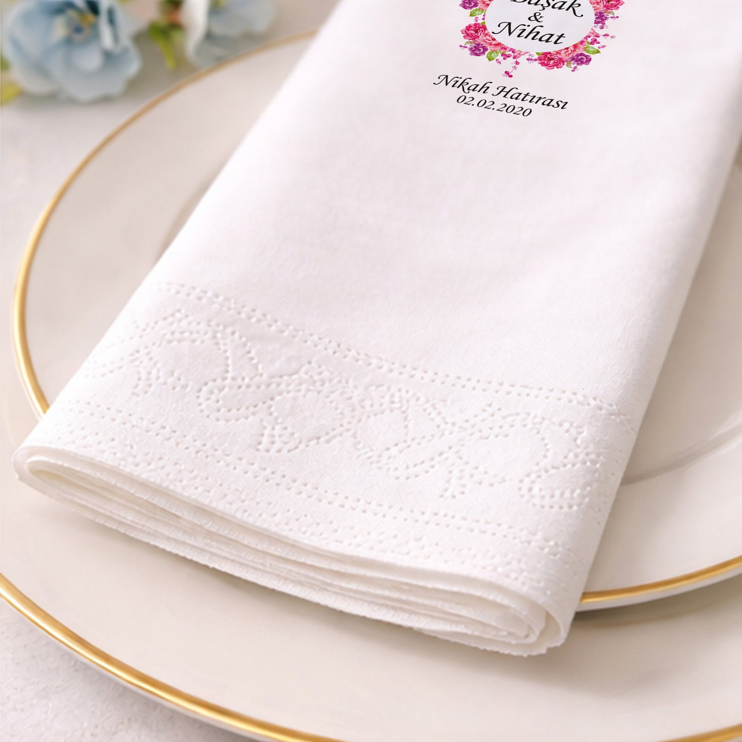 Balon Temalı Çiçekli İsimli Nikah Hatırası Baskılı Peçete