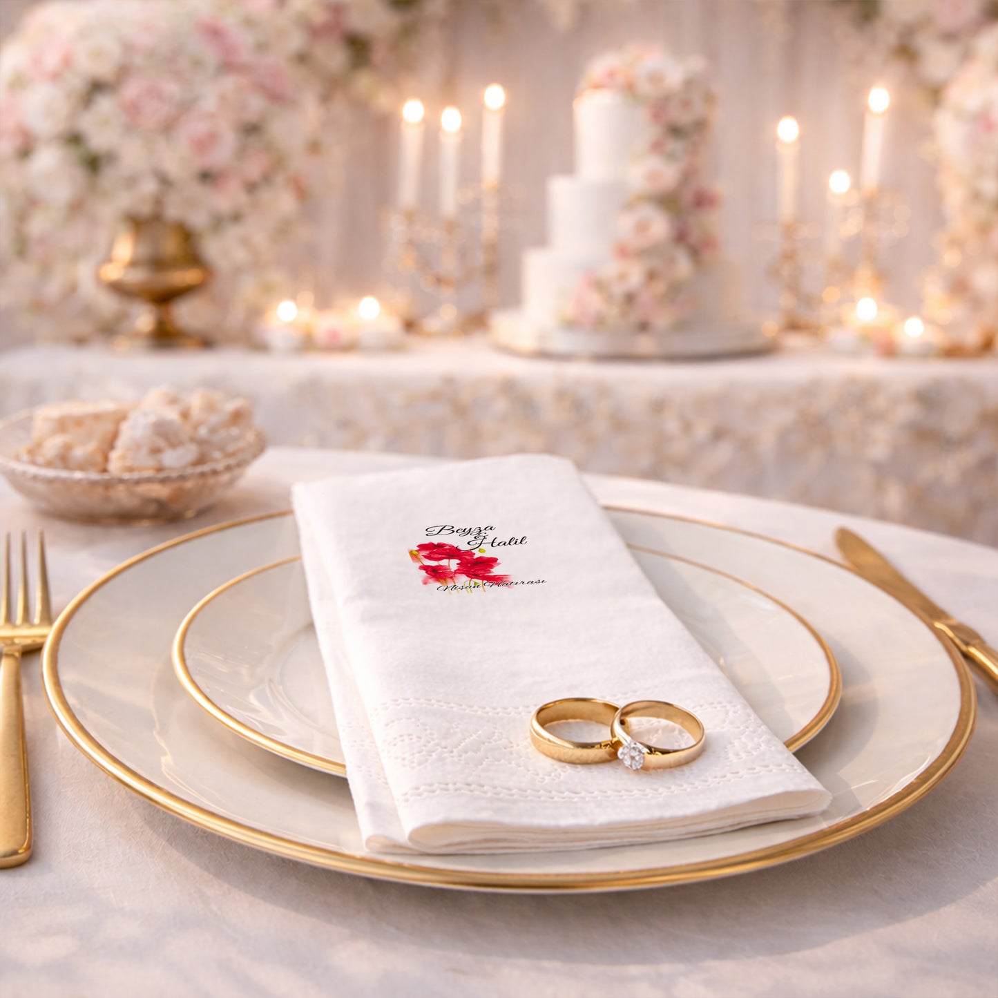 Mor Çelenkli Harf Logolu Düğün ve Nişan Baskılı Peçete