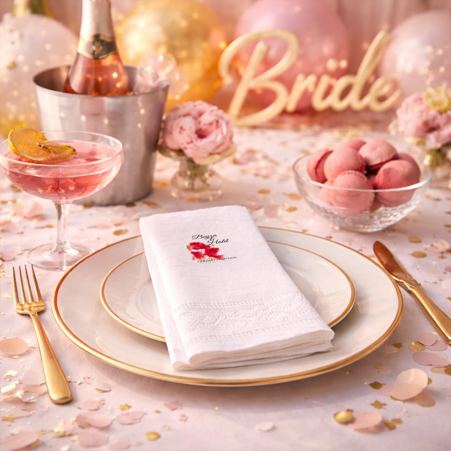 Mor Çelenkli Harf Logolu Düğün ve Nişan Baskılı Peçete