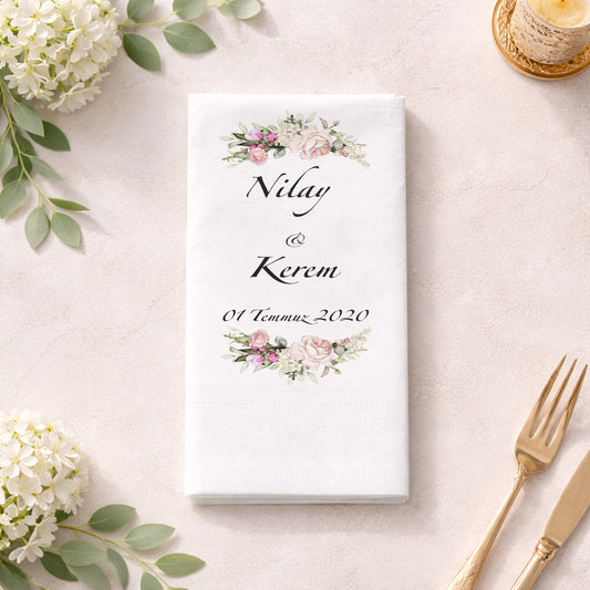 Nilay & Kerem Çiçekli Çerçeveli Düğün Peçetesi