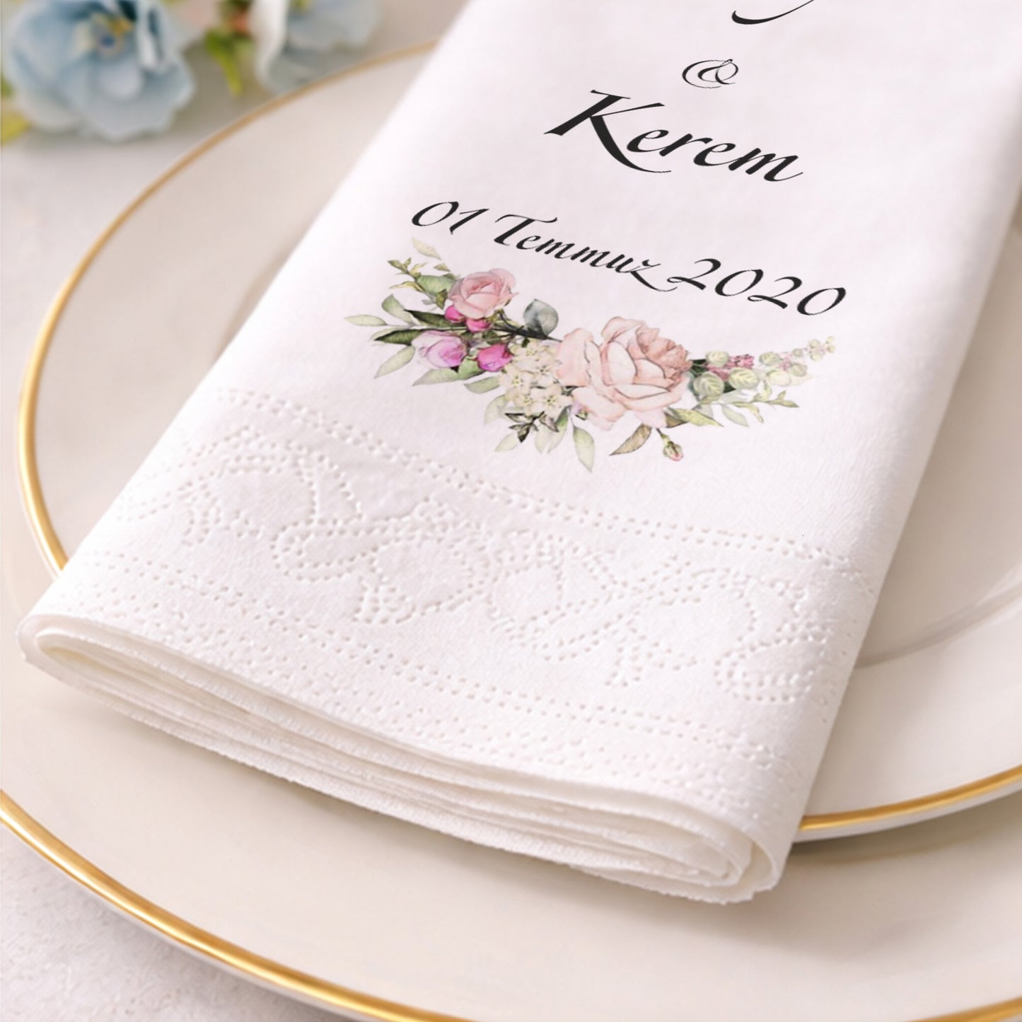 Nilay & Kerem Çiçekli Çerçeveli Düğün Peçetesi