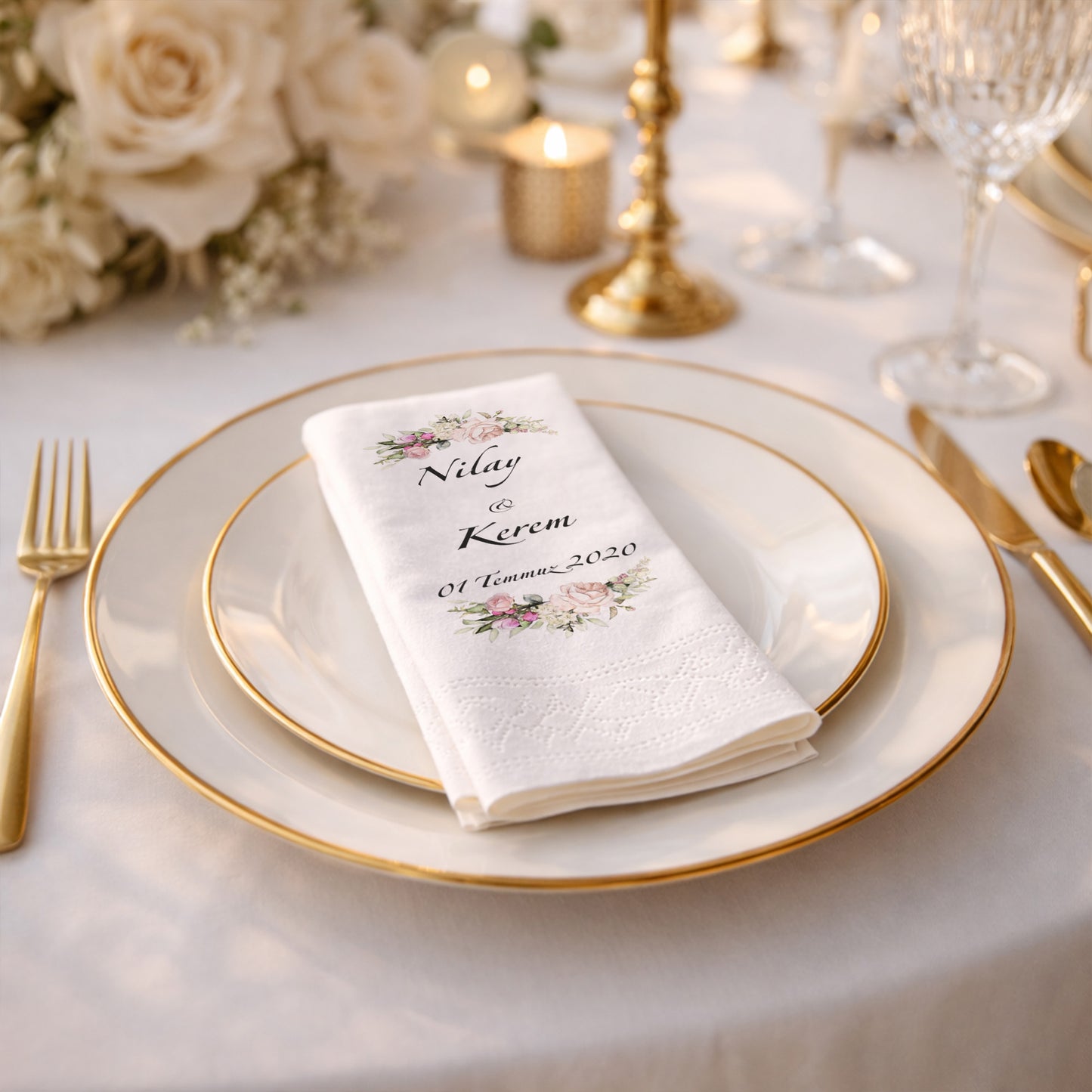 Nilay & Kerem Çiçekli Çerçeveli Düğün Peçetesi