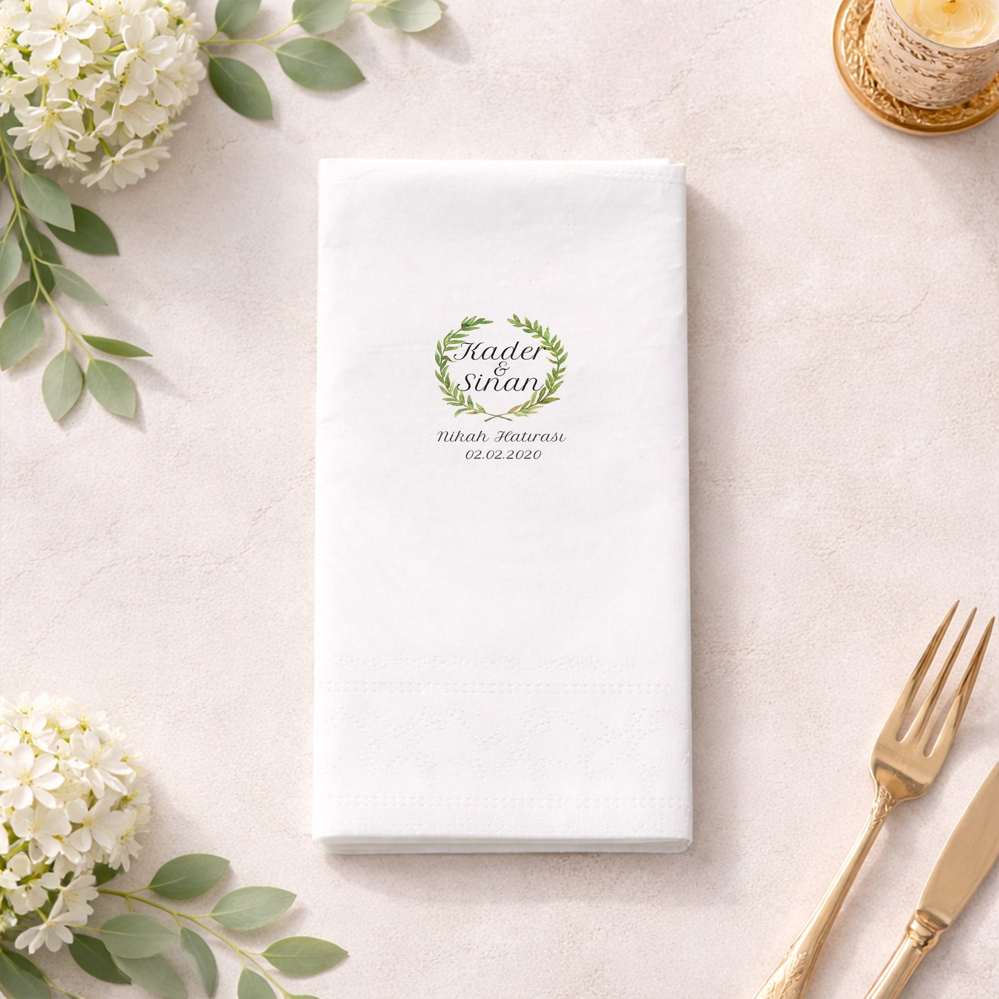 Kader & Sinan Yeşil Defne Çelenkli Nikah Peçetesi