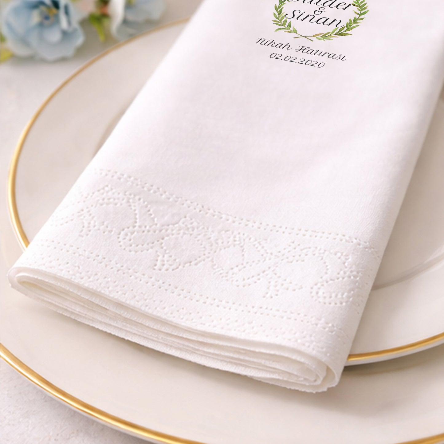 Kader & Sinan Yeşil Defne Çelenkli Nikah Peçetesi