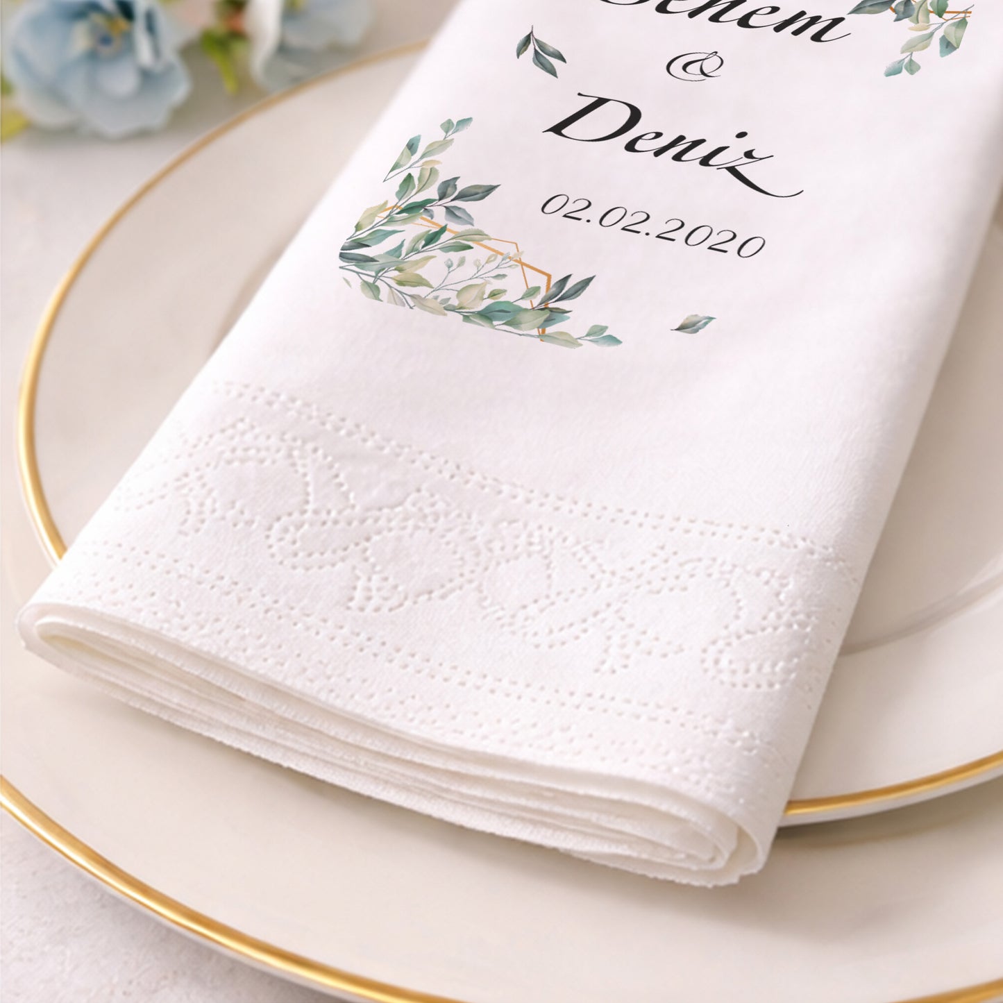 Senem & Deniz Yaprak Detaylı Düğün Peçetesi