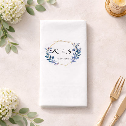 Geometrik Çerçeveli Yaprak Desenli İsimli Düğün ve Nişan Peçetesi