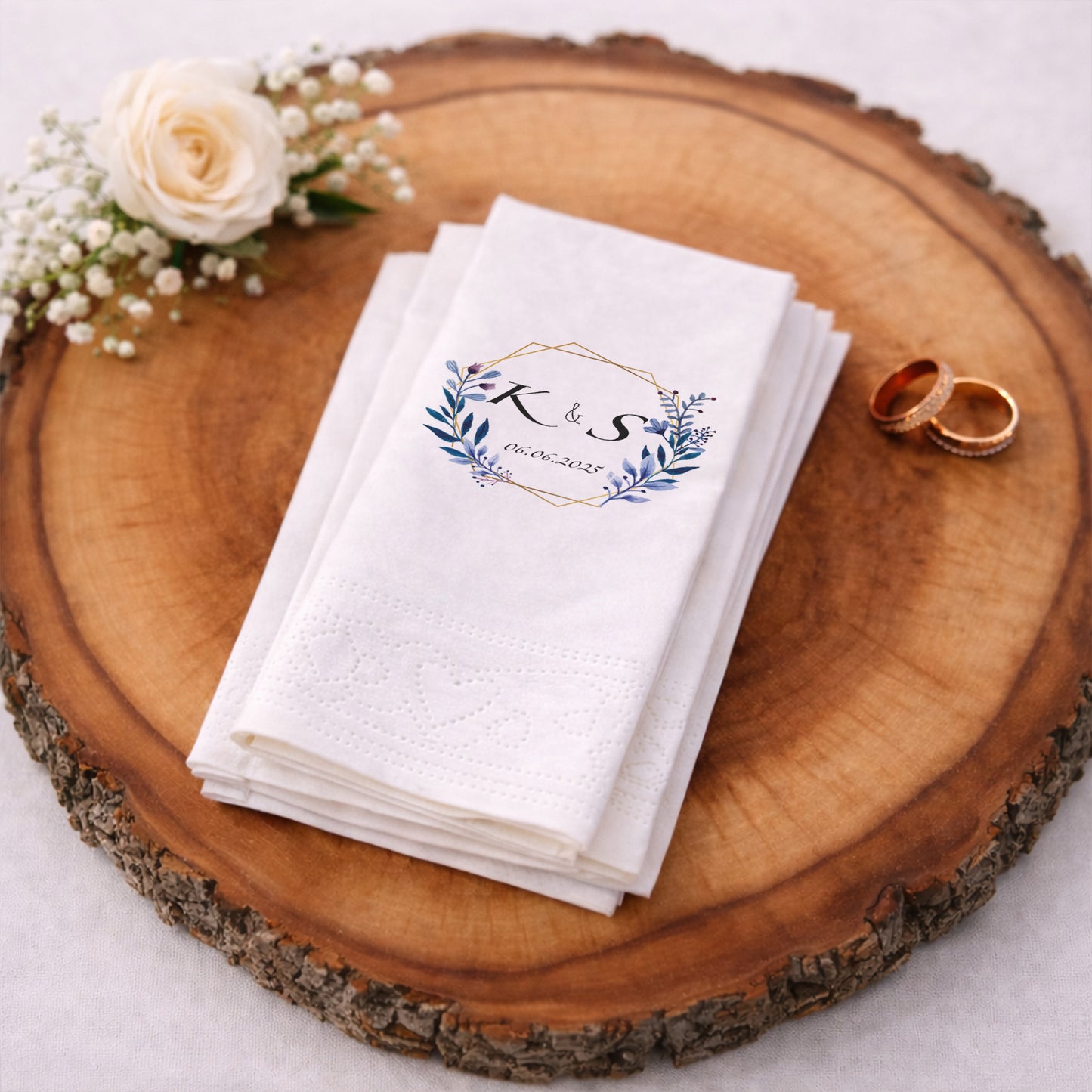 Geometrik Çerçeveli Yaprak Desenli İsimli Düğün ve Nişan Peçetesi