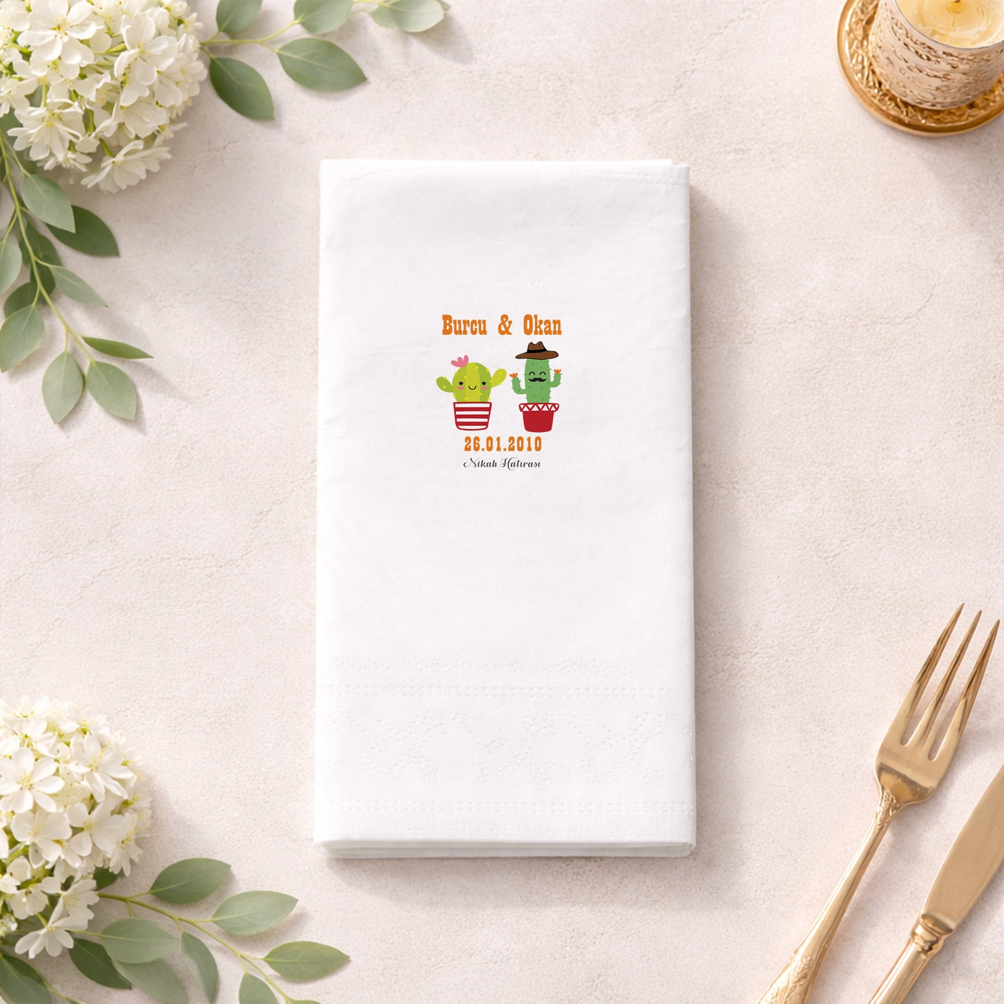 Eğlenceli Figürlü Kaktüs Temalı Nikah ve Kına Baskılı Peçete