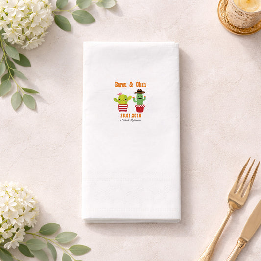 Eğlenceli Figürlü Kaktüs Temalı Nikah ve Kına Baskılı Peçete