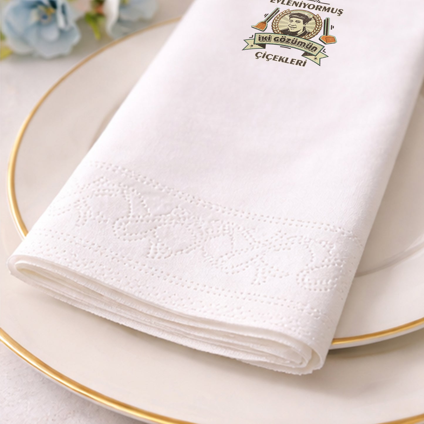 Retro Konsept İllüstrasyonlu Düğün ve Nişan Baskılı Peçete