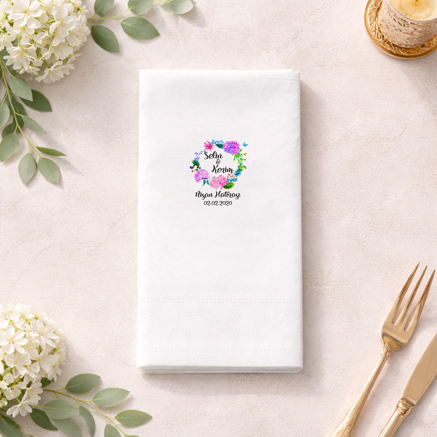 Renkli Çiçekli Romantik Nişan ve Söz Baskılı Peçete