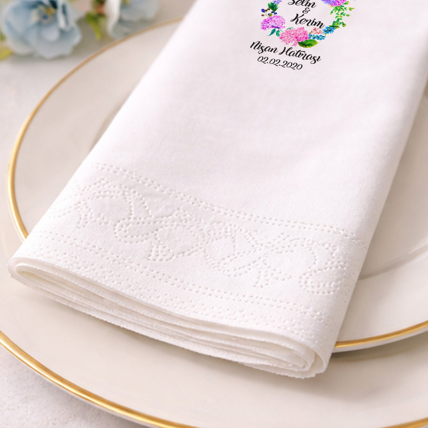 Renkli Çiçekli Romantik Nişan ve Söz Baskılı Peçete