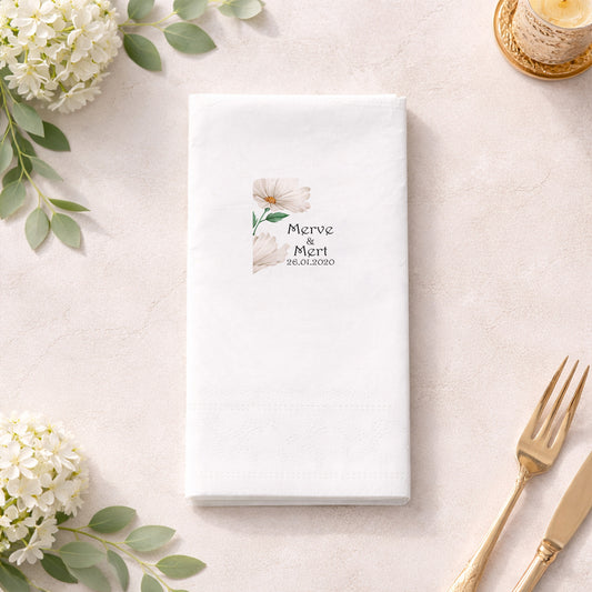 Beyaz Çiçek Detaylı Minimal Nişan ve Düğün Baskılı Peçete