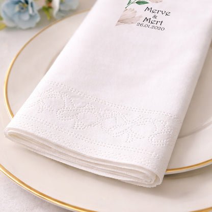 Beyaz Çiçek Detaylı Minimal Nişan ve Düğün Baskılı Peçete