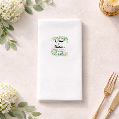 Yeşil Yapraklı Çerçeveli Nişan Hatırası Baskılı Peçete