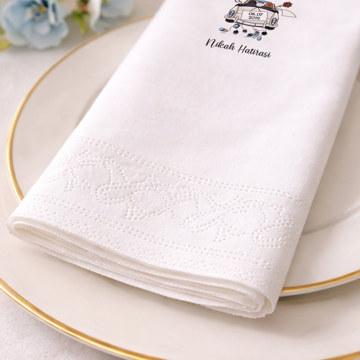 Gelin Arabası İllüstrasyonlu Nikah Hatırası Baskılı Peçete