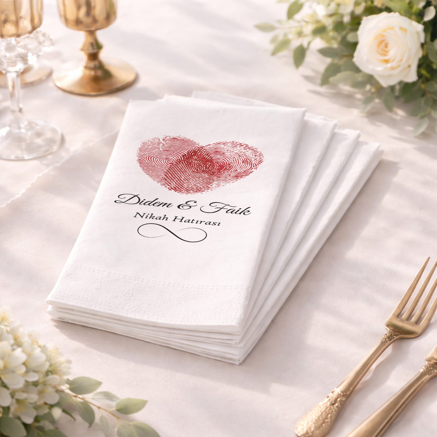 Parmak İzi Kalp Tasarımlı Nikah ve Düğün Baskılı Peçete