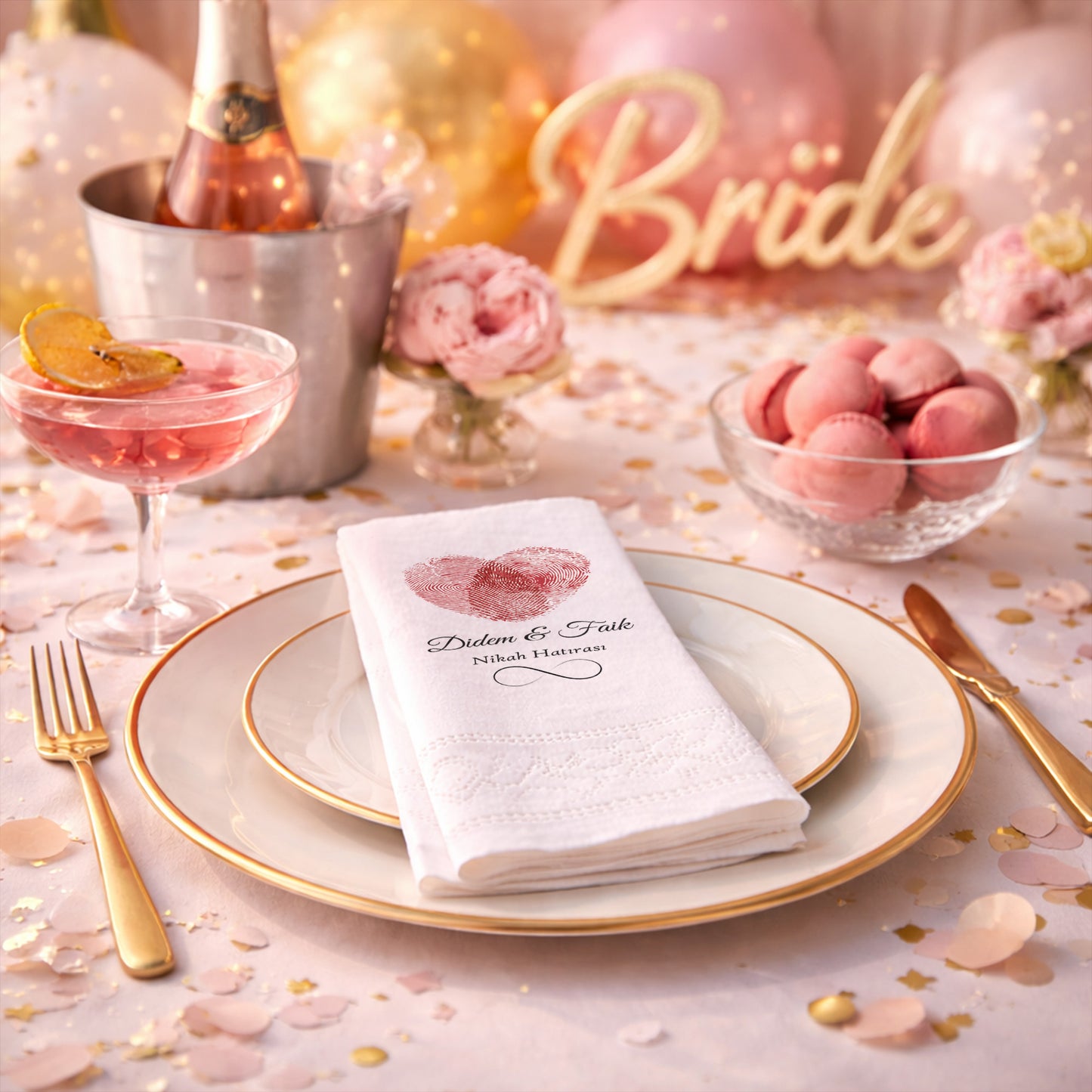 Parmak İzi Kalp Tasarımlı Nikah ve Düğün Baskılı Peçete