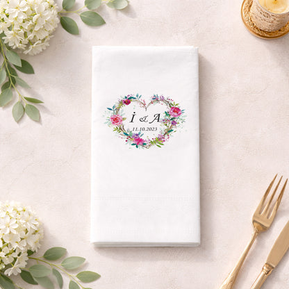 Çiçek Kalp Çerçeveli İsimli Nişan ve Düğün Baskılı Peçete