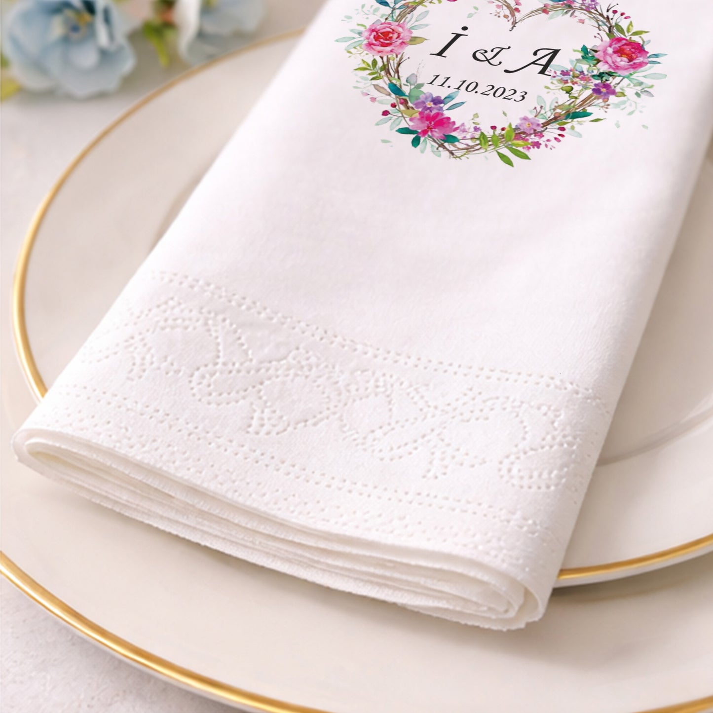 Çiçek Kalp Çerçeveli İsimli Nişan ve Düğün Baskılı Peçete