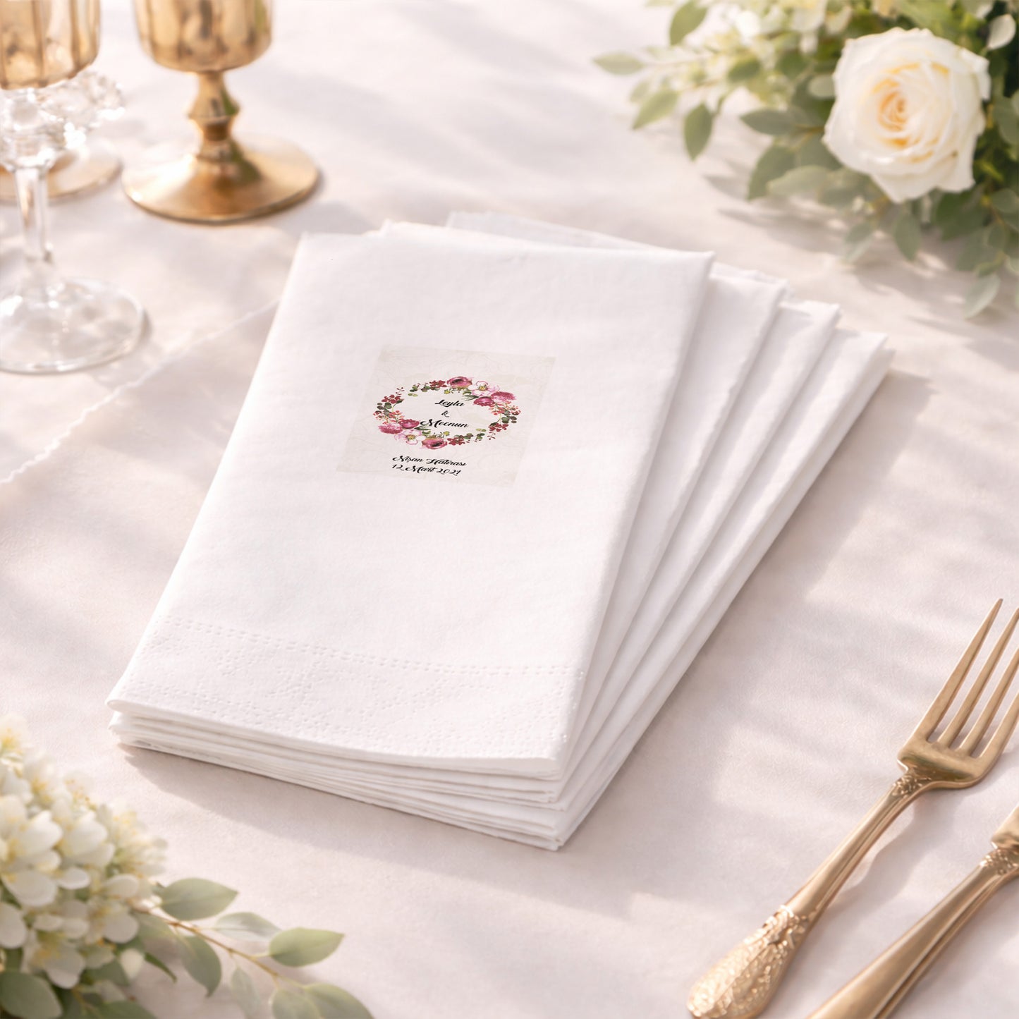 Bordo Çiçek Çelenkli İsimli Nişan Hatırası Baskılı Özel Gün Peçetesi