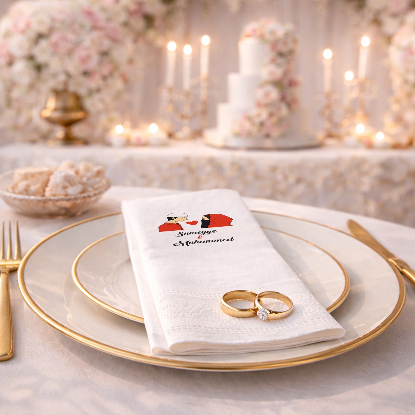 Figürlü Muhafazakâr Temalı İsimli Nikah Baskılı Özel Gün Peçetesi