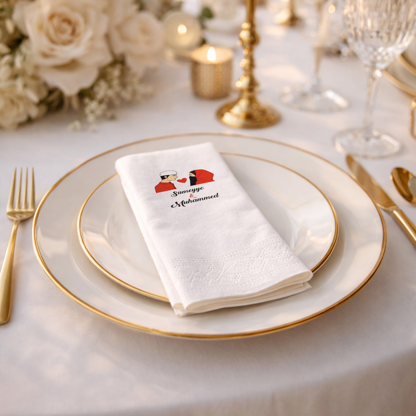Figürlü Muhafazakâr Temalı İsimli Nikah Baskılı Özel Gün Peçetesi