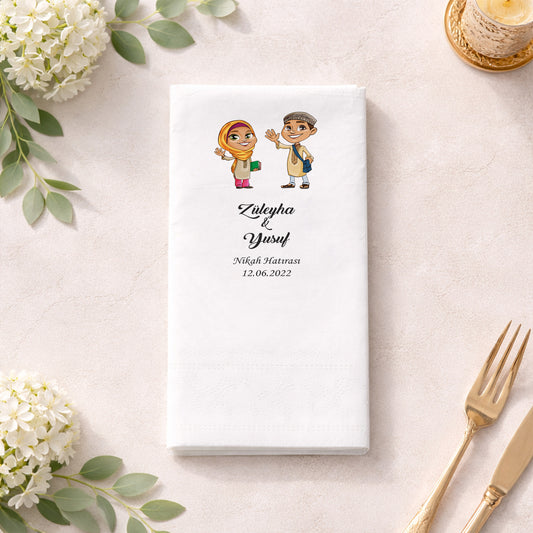 Geleneksel Kıyafetli Figürlü İsimli Nikah Baskılı Peçete