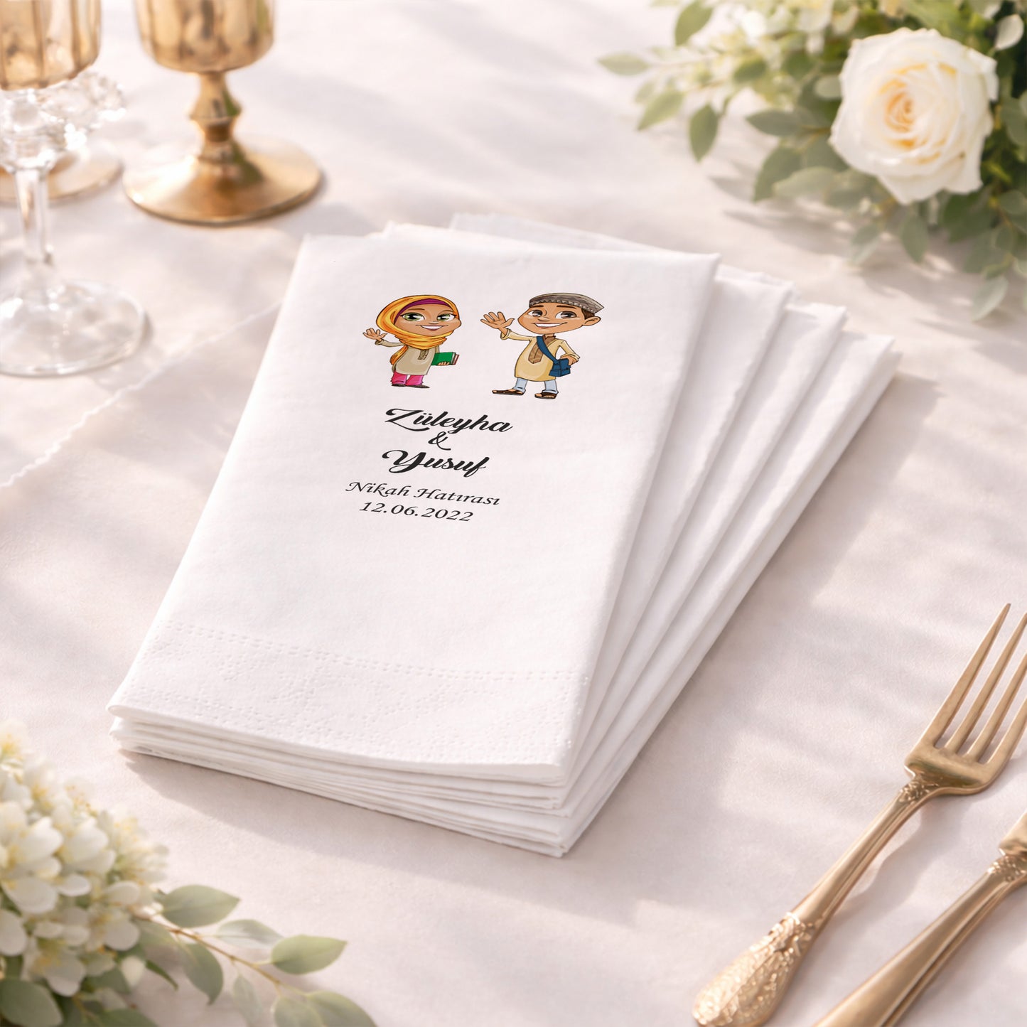 Geleneksel Kıyafetli Figürlü İsimli Nikah Baskılı Peçete