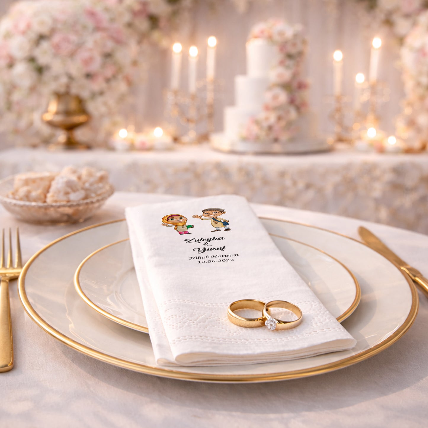 Geleneksel Kıyafetli Figürlü İsimli Nikah Baskılı Peçete