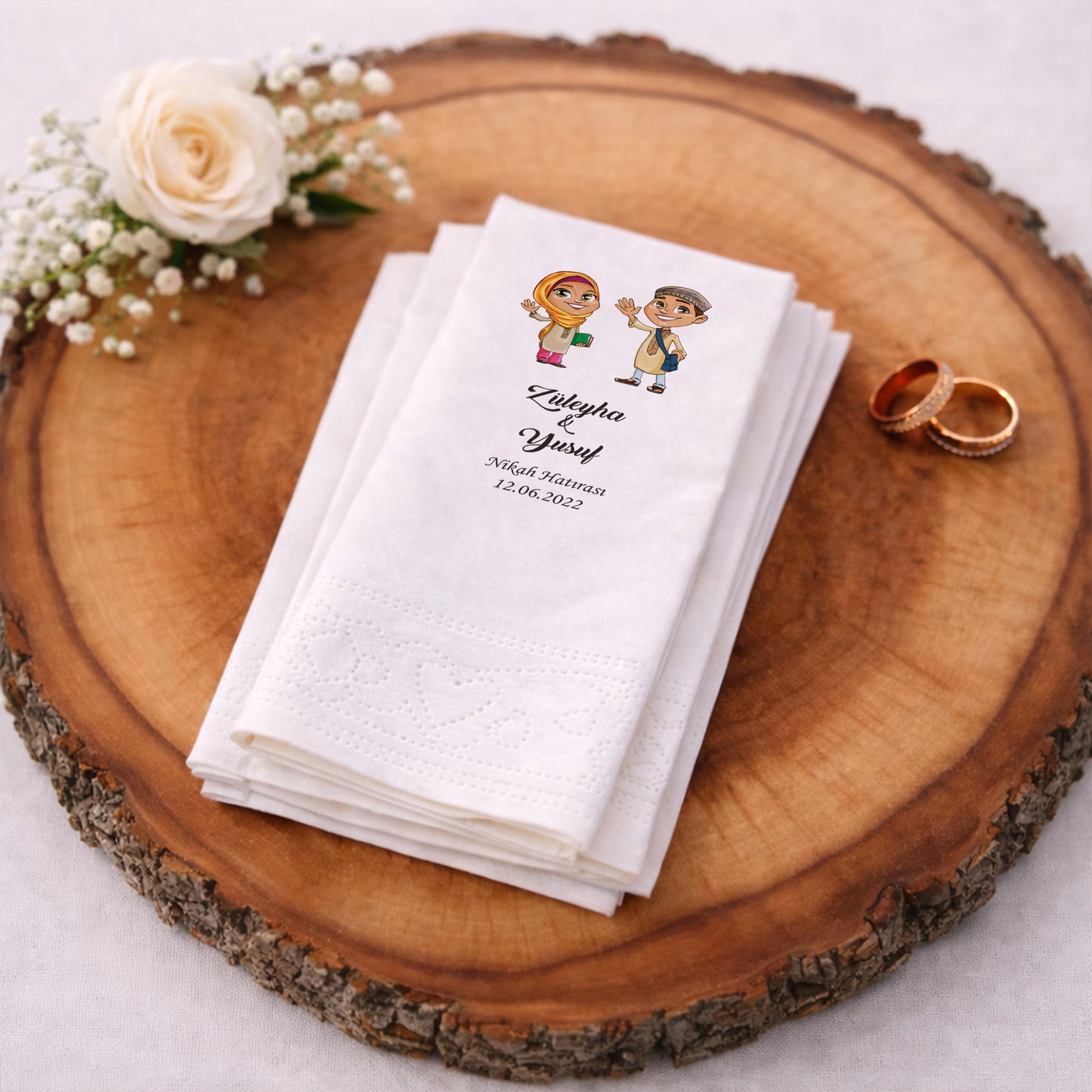 Geleneksel Kıyafetli Figürlü İsimli Nikah Baskılı Peçete