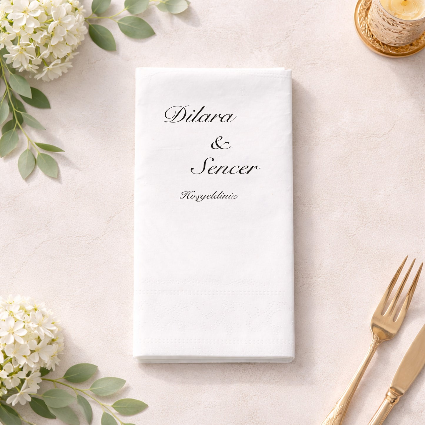Kalpli Minimal İsimli Düğün ve Nişan Baskılı Peçete