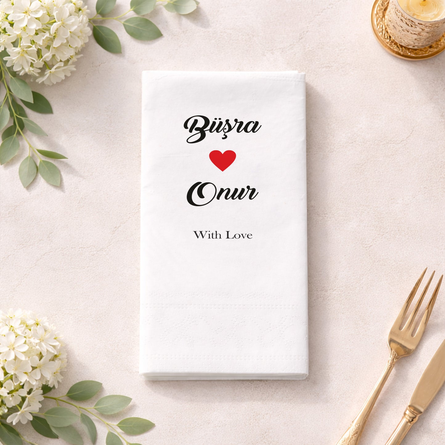 Büşra & Onur İsimli Kalp Detaylı Özel Baskılı Düğün Peçetesi