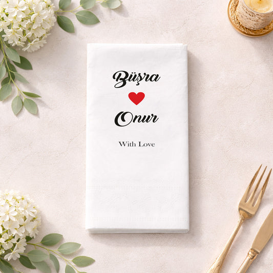 Büşra & Onur İsimli Kalp Detaylı Özel Baskılı Düğün Peçetesi