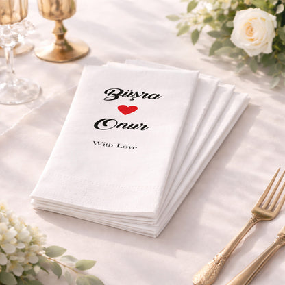Büşra & Onur İsimli Kalp Detaylı Özel Baskılı Düğün Peçetesi