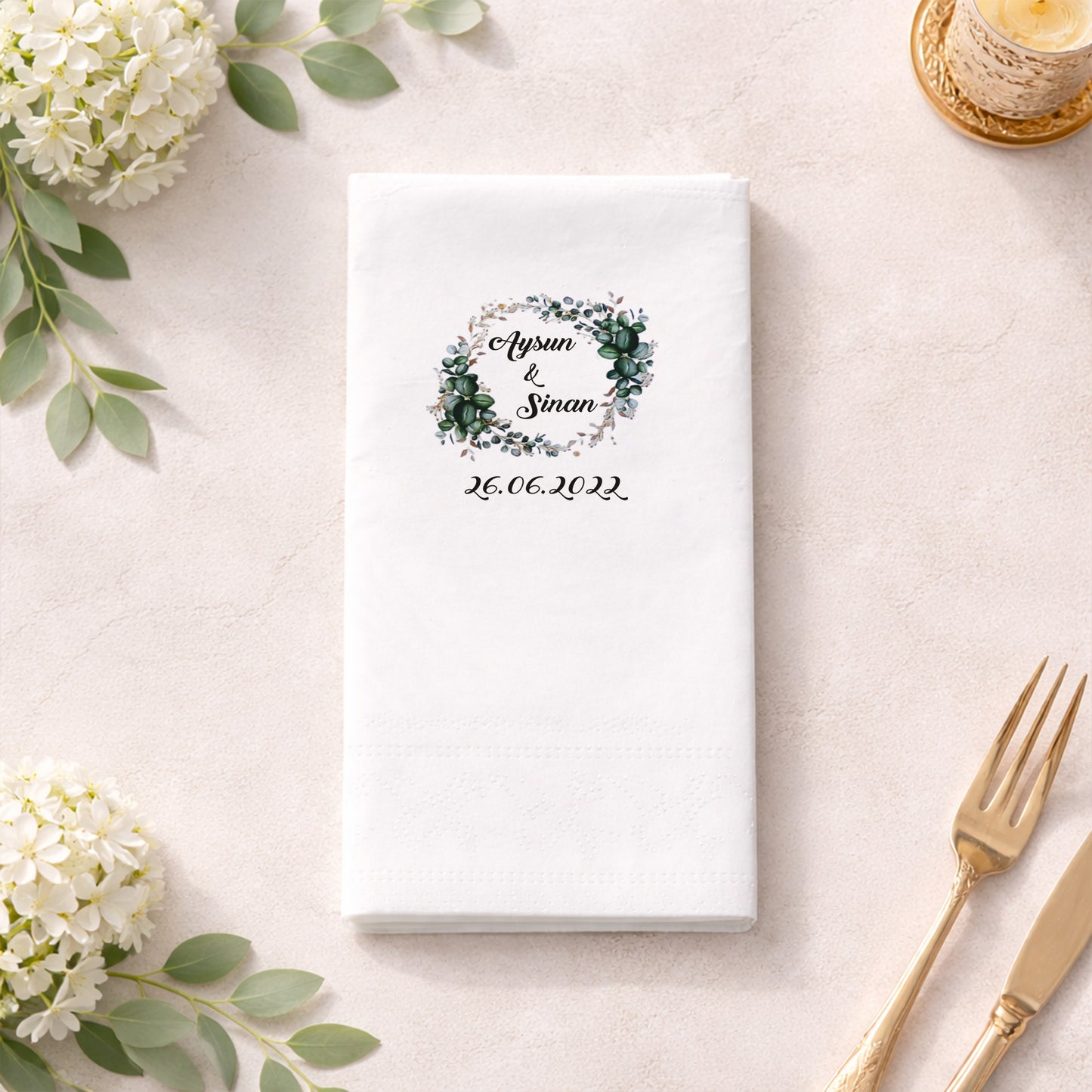 Aysun & Sinan Okaliptüs Çelenk Desenli Düğün Peçetesi