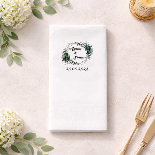 Aysun & Sinan Okaliptüs Çelenk Desenli Düğün Peçetesi