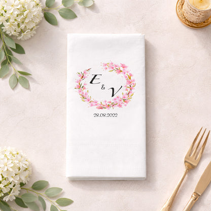 E & V İsim Baş Harfli Pembe Çiçekli Romantik Nişan Peçetesi