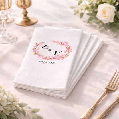 E & V İsim Baş Harfli Pembe Çiçekli Romantik Nişan Peçetesi