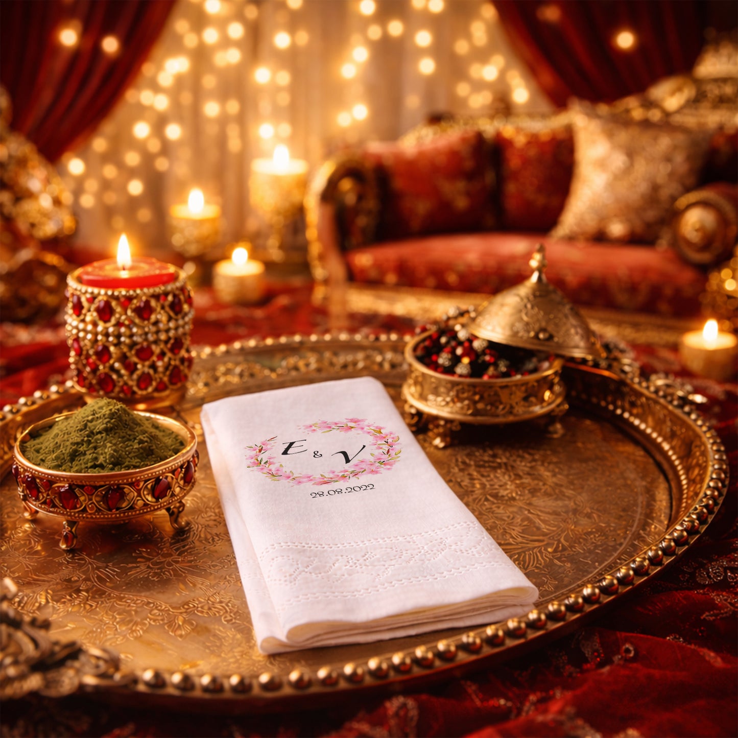 E & V İsim Baş Harfli Pembe Çiçekli Romantik Nişan Peçetesi