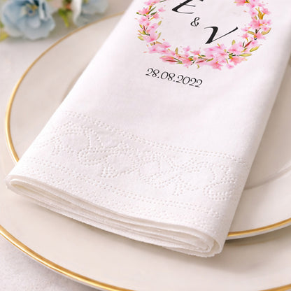 E & V İsim Baş Harfli Pembe Çiçekli Romantik Nişan Peçetesi