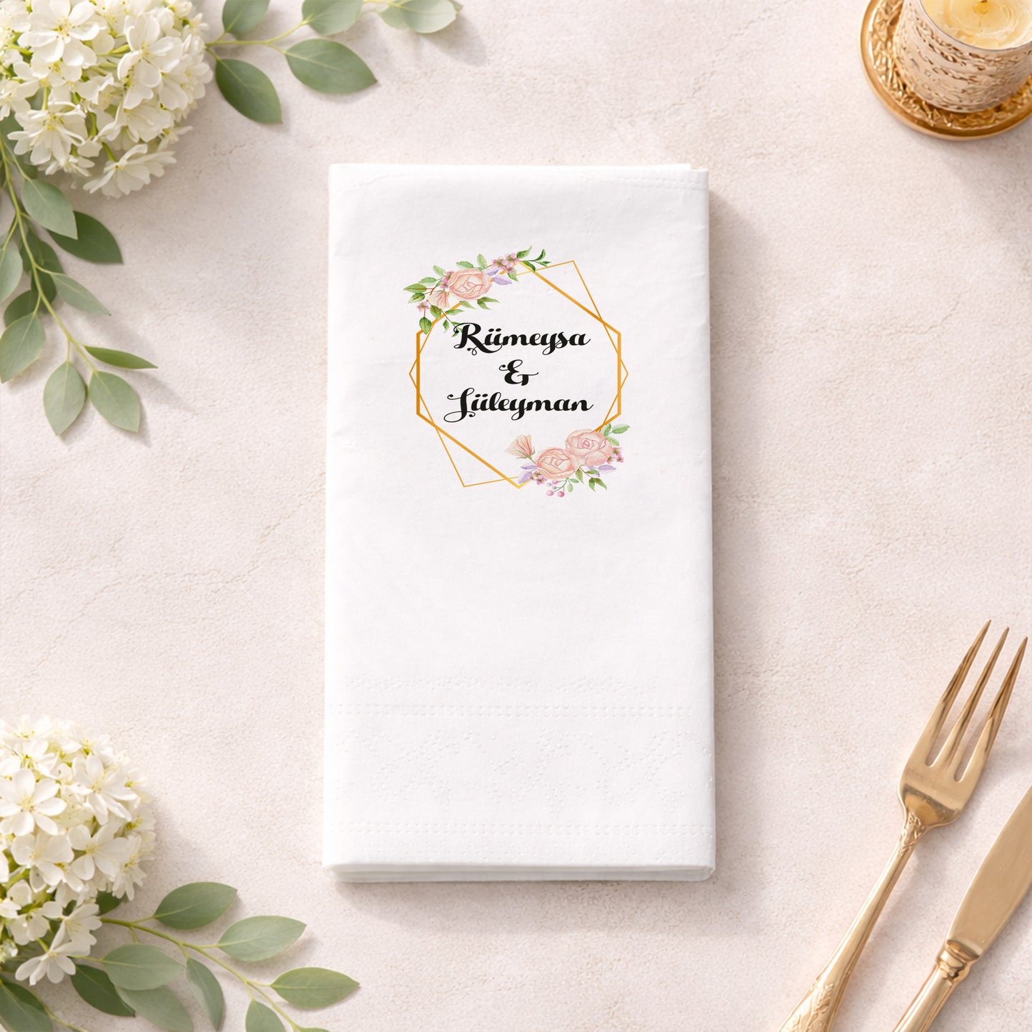 Rümeysa & Süleyman Altın Geometrik Desenli Düğün Peçetesi