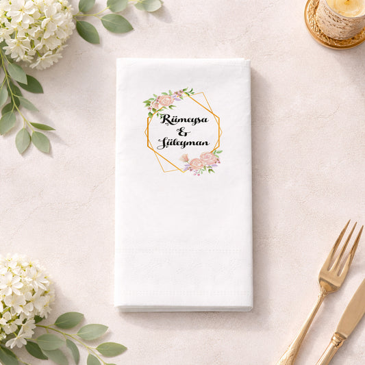 Rümeysa & Süleyman Altın Geometrik Desenli Düğün Peçetesi