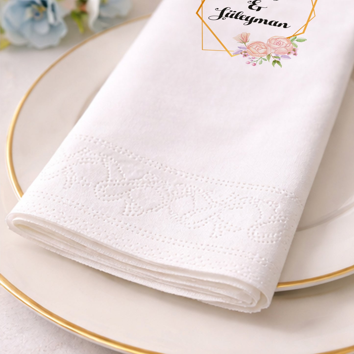 Rümeysa & Süleyman Altın Geometrik Desenli Düğün Peçetesi