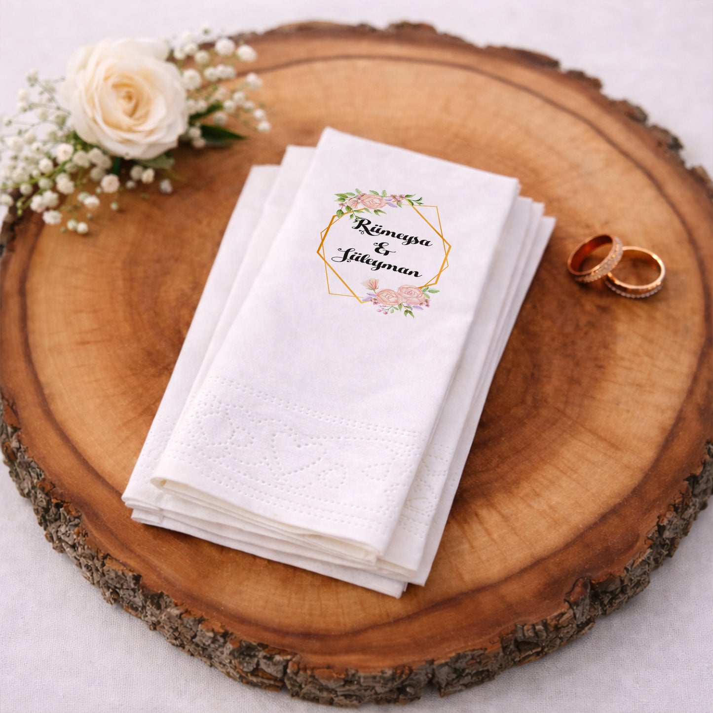 Rümeysa & Süleyman Altın Geometrik Desenli Düğün Peçetesi