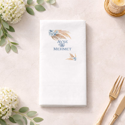 Ayşe & Mehmet Bohem Stil Rose ve Mavi Çiçek Desenli Kişiye Özel Baskılı Peçete