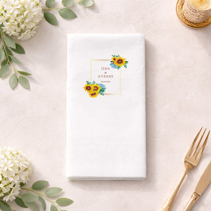 İsra & Aybars Ayçiçeği Temalı Altın Çerçeveli Kişiye Özel Düğün ve Nişan Peçetesi