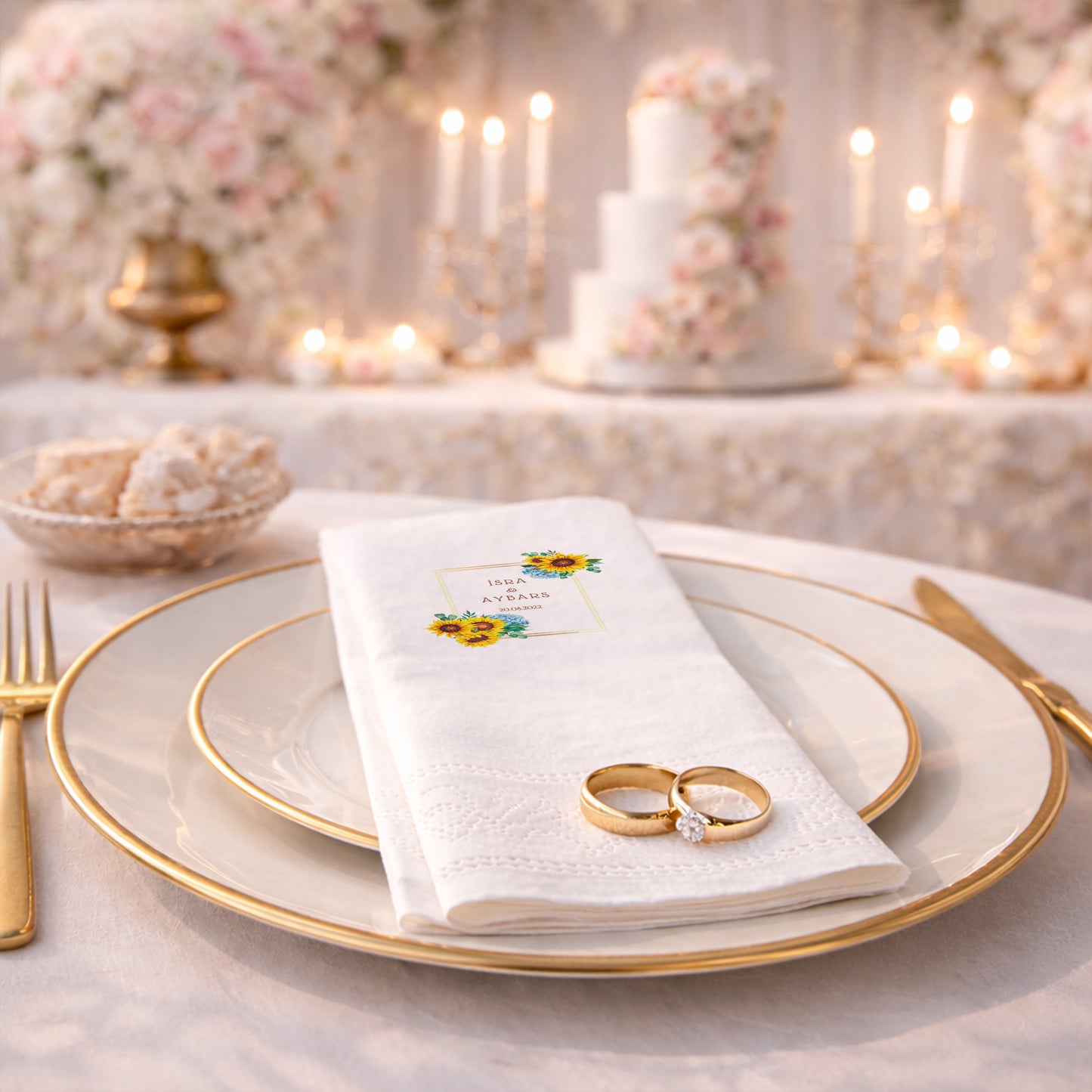 İsra & Aybars Ayçiçeği Temalı Altın Çerçeveli Kişiye Özel Düğün ve Nişan Peçetesi