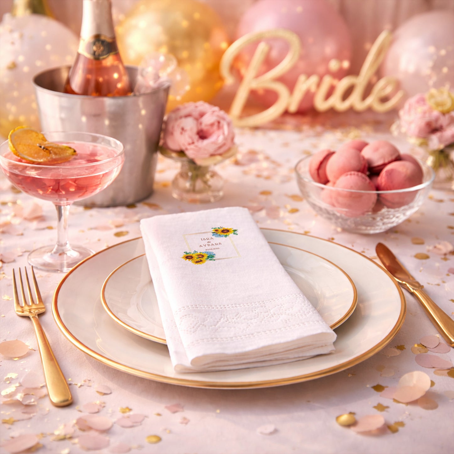 İsra & Aybars Ayçiçeği Temalı Altın Çerçeveli Kişiye Özel Düğün ve Nişan Peçetesi