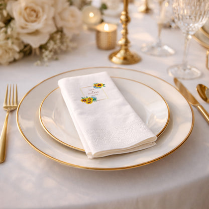 İsra & Aybars Ayçiçeği Temalı Altın Çerçeveli Kişiye Özel Düğün ve Nişan Peçetesi